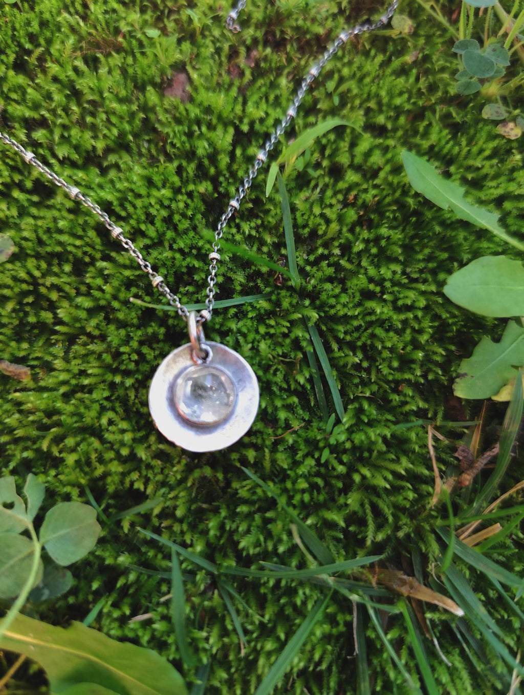 Starry Night Pendant with Crystal Quartz in Sterling Silver - Double Sided 2 Pieces Pendant with Dainty Chain Necklace