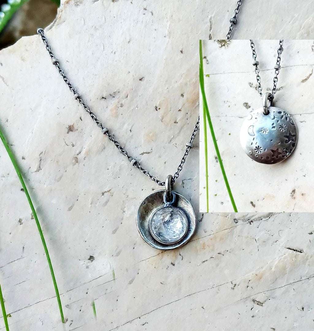 Starry Night Pendant with Crystal Quartz in Sterling Silver - Double Sided 2 Pieces Pendant with Dainty Chain Necklace