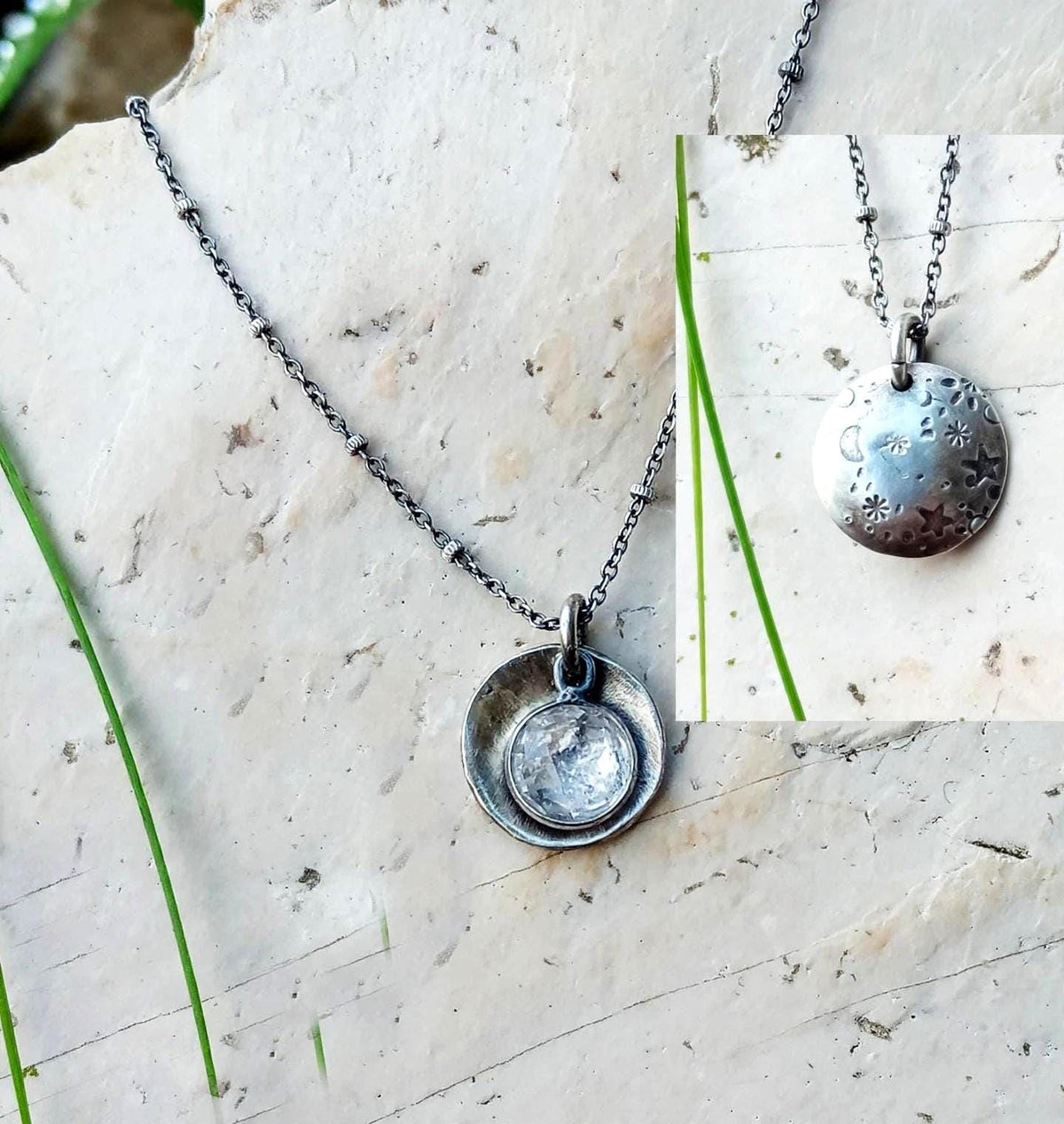 Starry Night Pendant with Crystal Quartz in Sterling Silver - Double Sided 2 Pieces Pendant with Dainty Chain Necklace