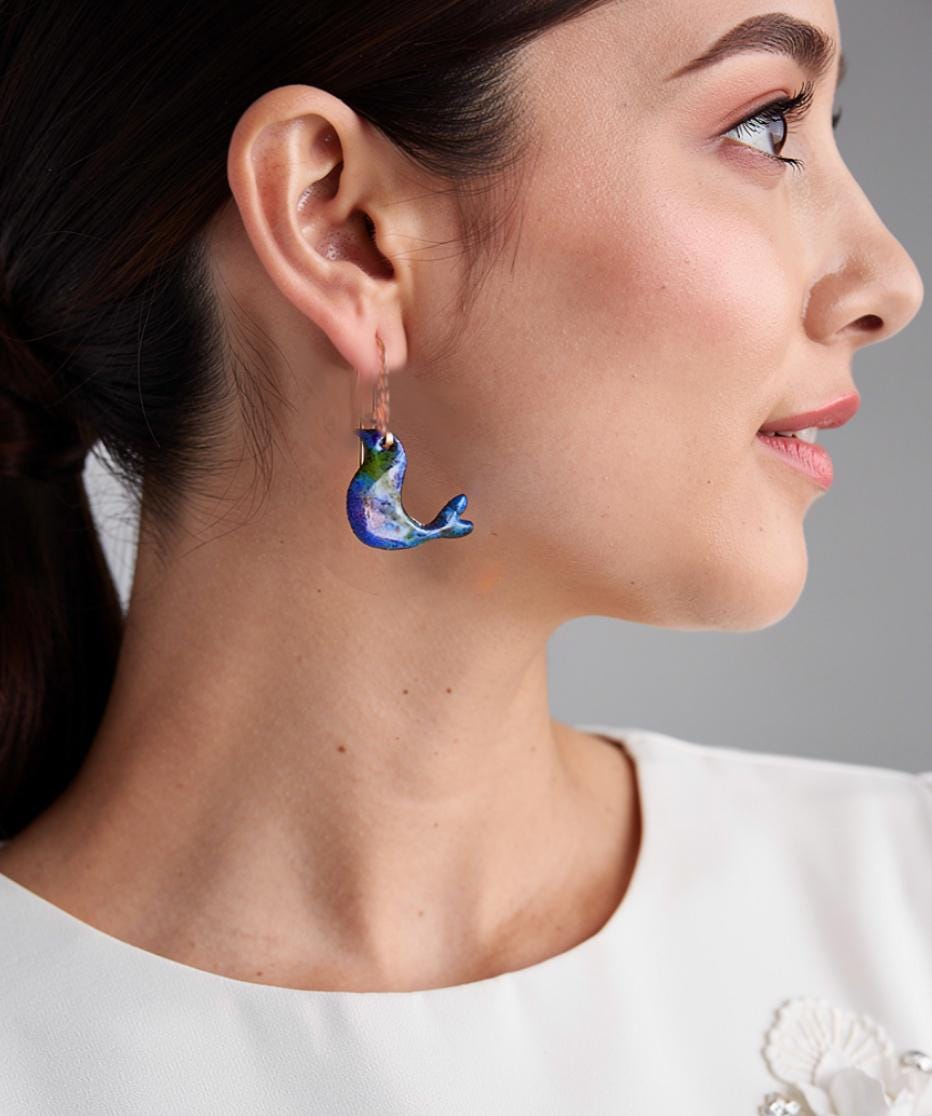 Blue Enamel Bird Earrings with Long Copper Hooks