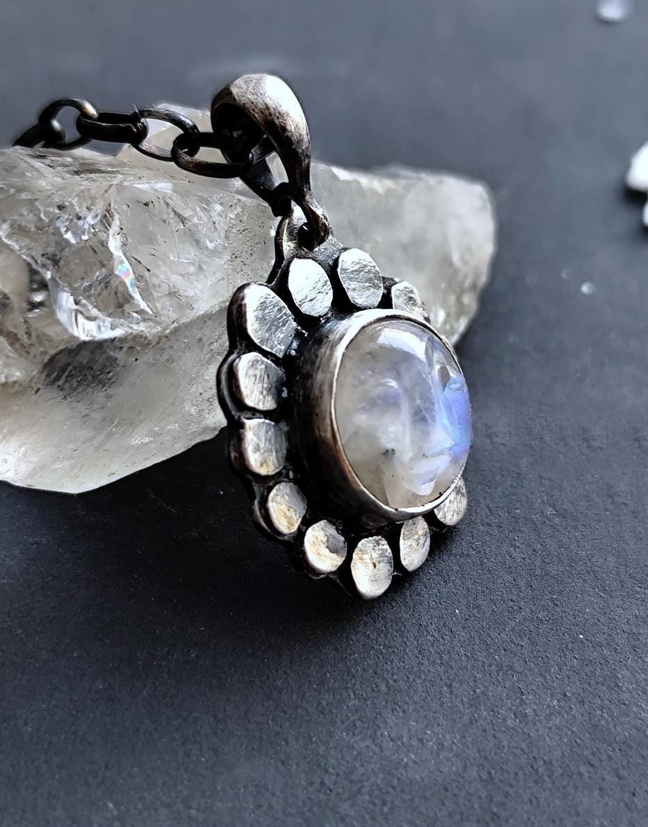Unique Pendant with Carved Moonstone Face - Silver Moon Amulet