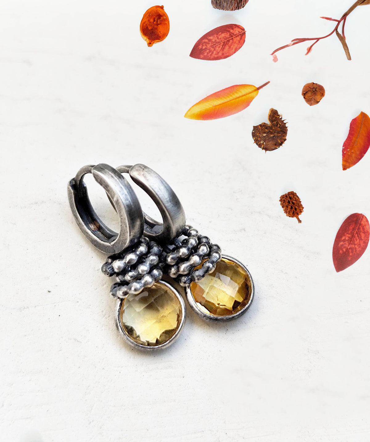 Citrine Hoop Earrings Silver, Small Yellow Charm Earrings
