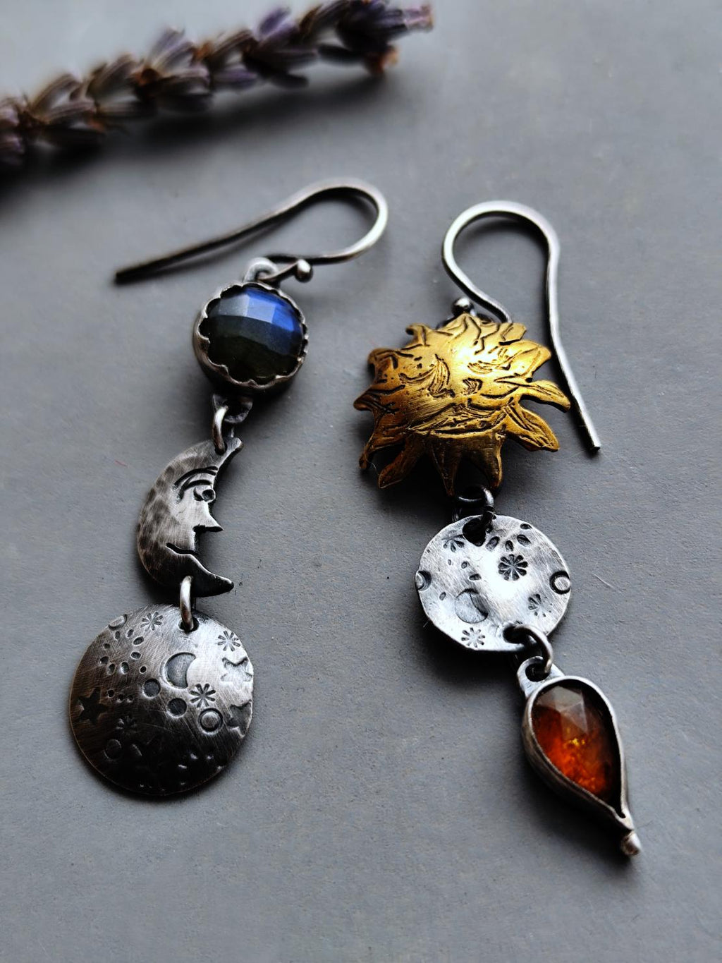Moon and Sun Earrings with Orange Kyanite and Flashy Blue Labradorite