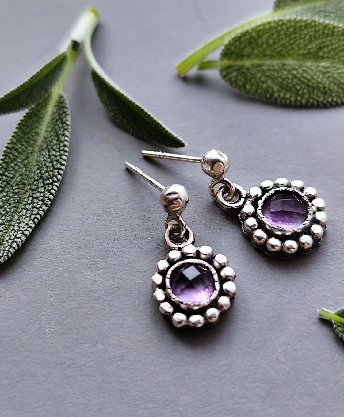 Rustic Dainty Flower Earrings on Studs with Textured Ball