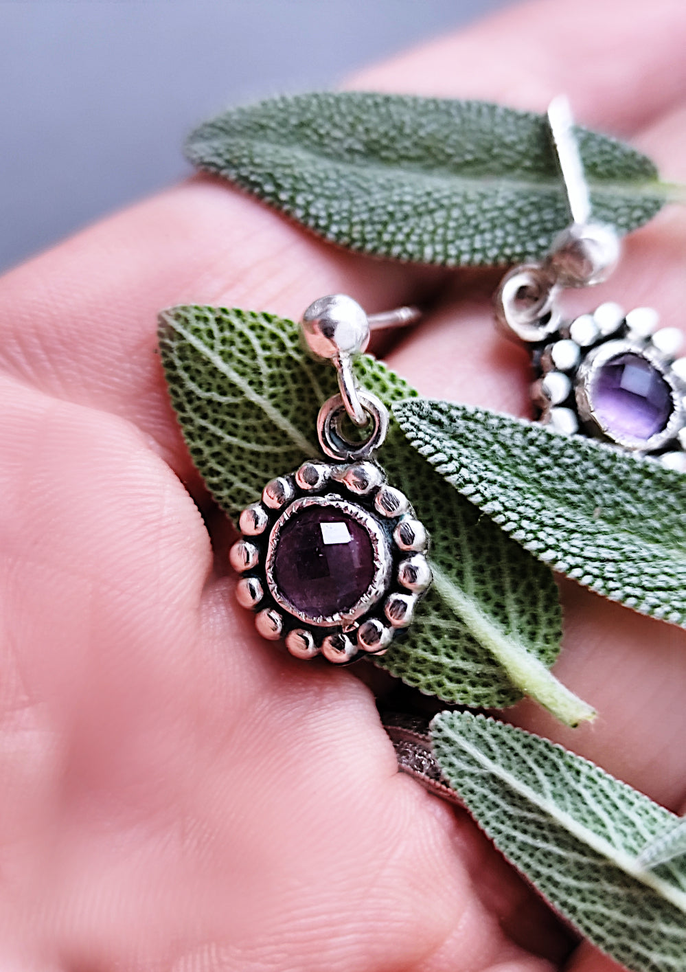 Rustic Dainty Flower Earrings on Studs with Textured Ball