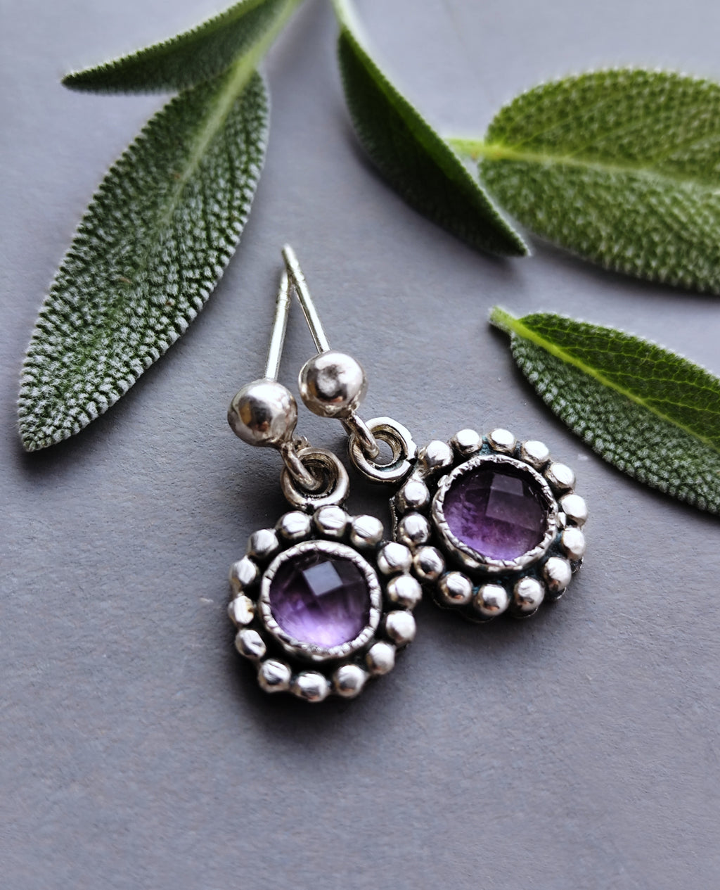 Rustic Dainty Flower Earrings on Studs with Textured Ball