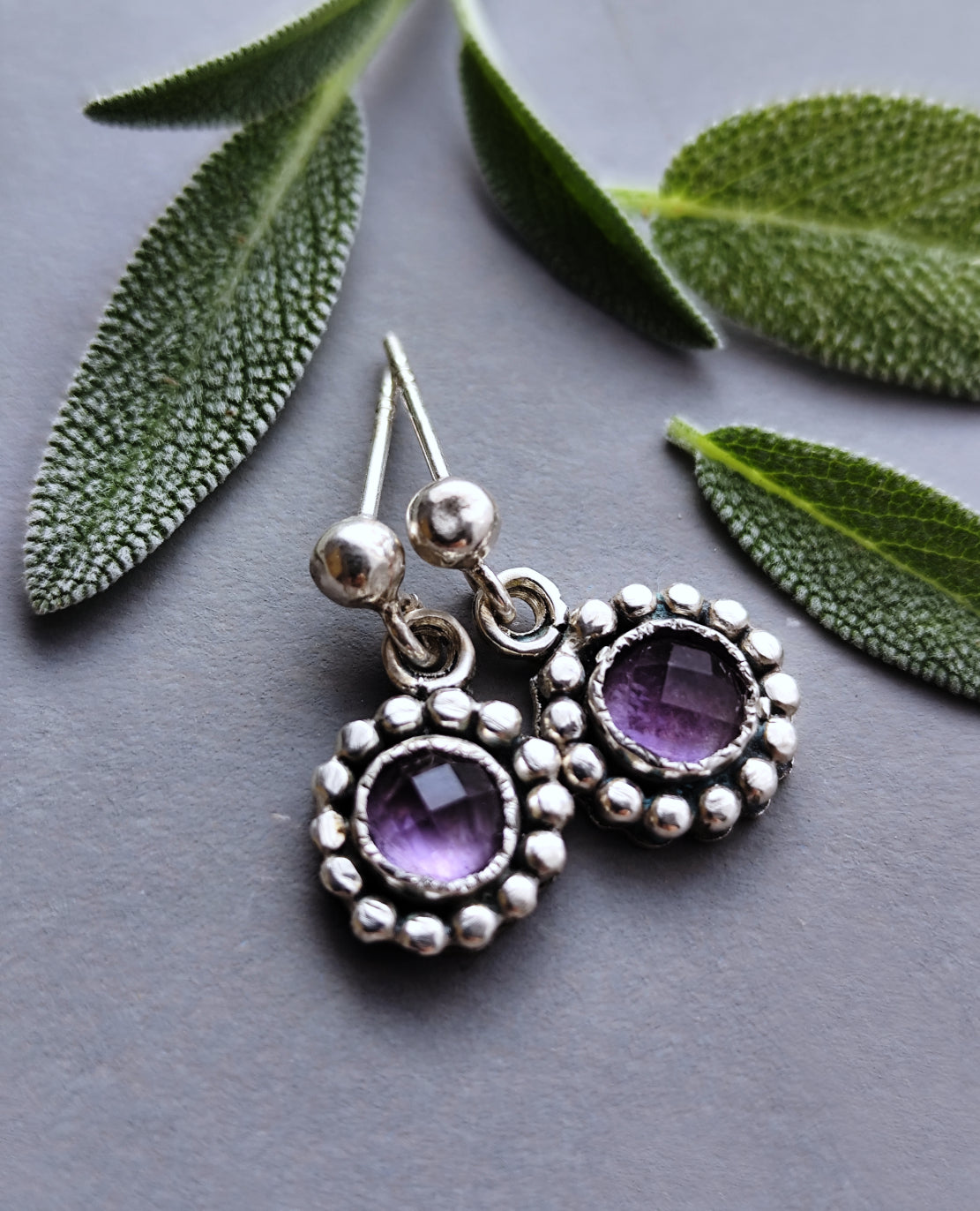 Rustic Dainty Flower Earrings on Studs with Textured Ball