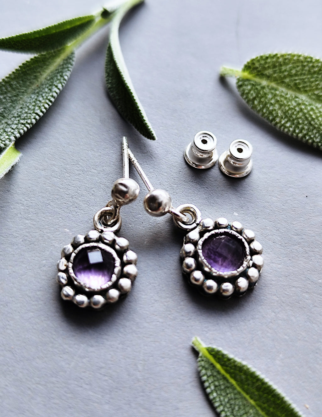 Rustic Dainty Flower Earrings on Studs with Textured Ball