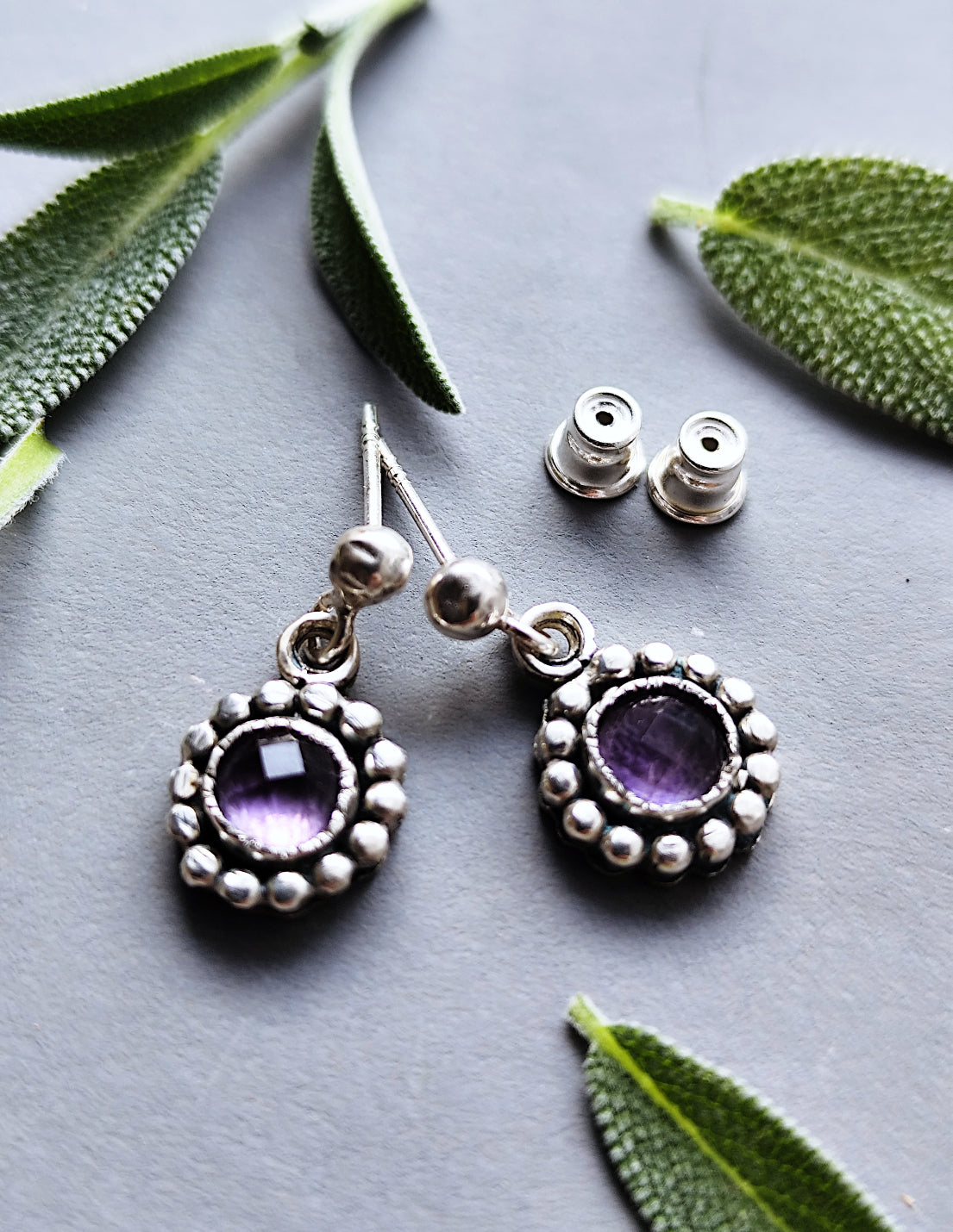 Rustic Dainty Flower Earrings on Studs with Textured Ball