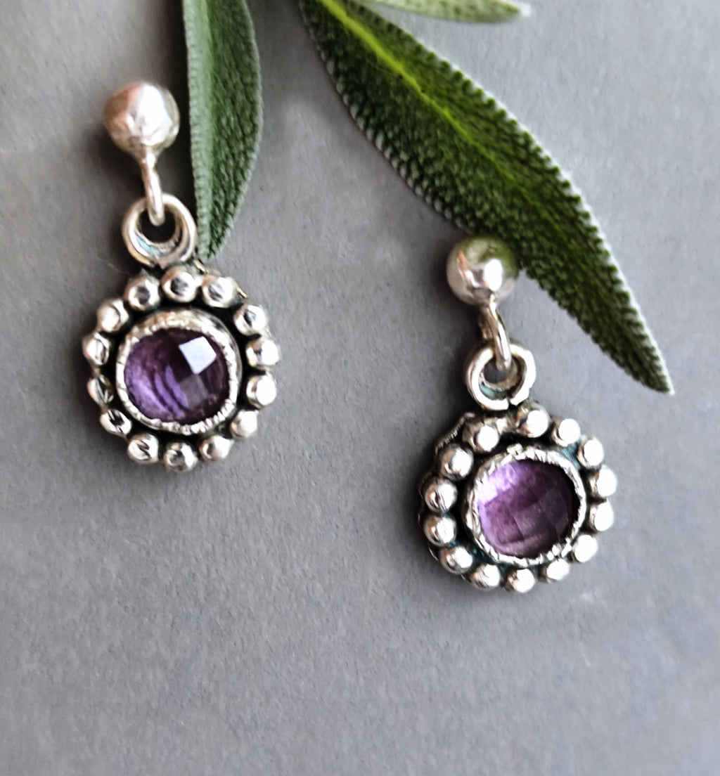 Rustic Dainty Flower Earrings on Studs with Textured Ball