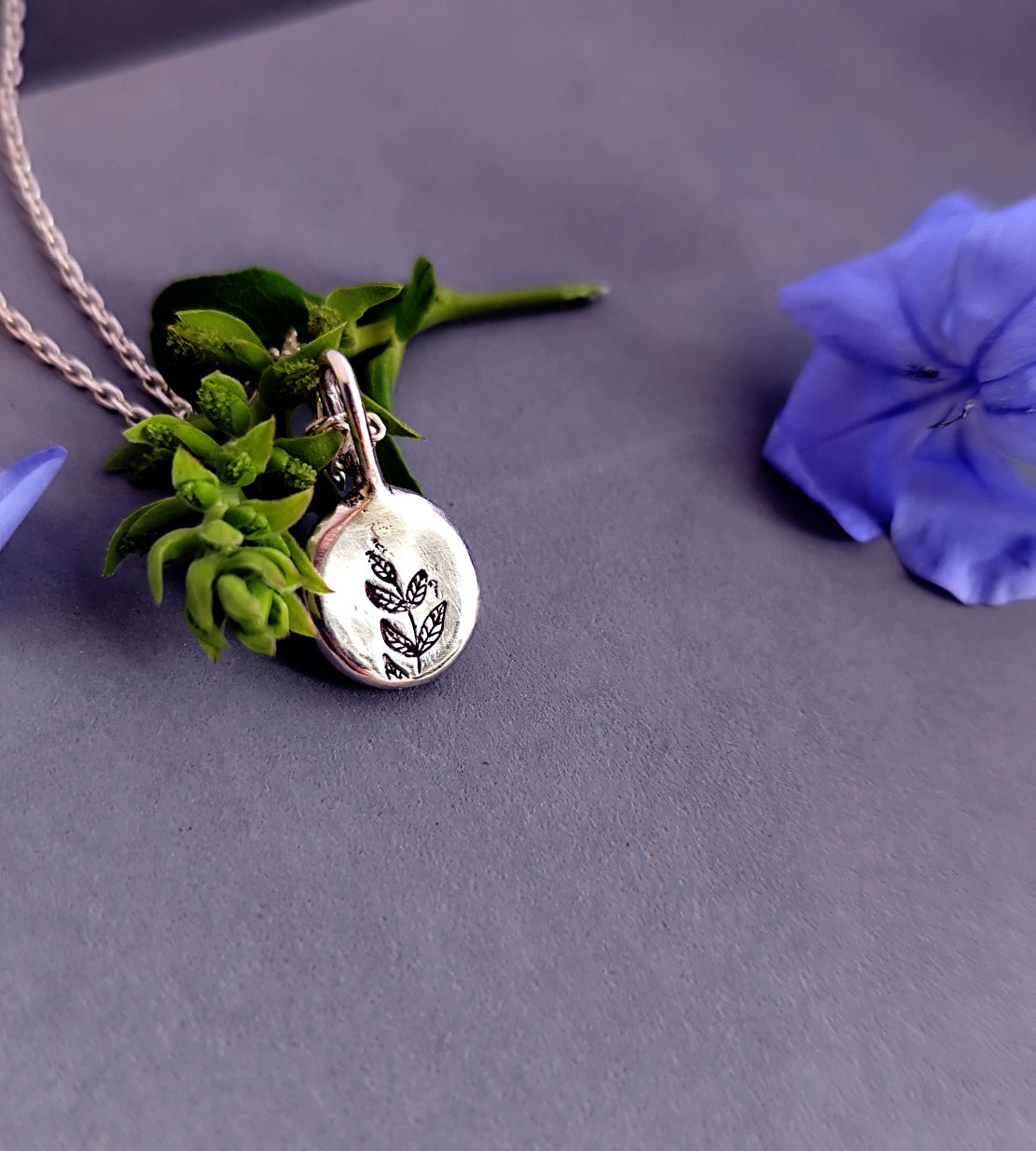 Dainty Organic Silver Drop Pendant with Leafy Detail