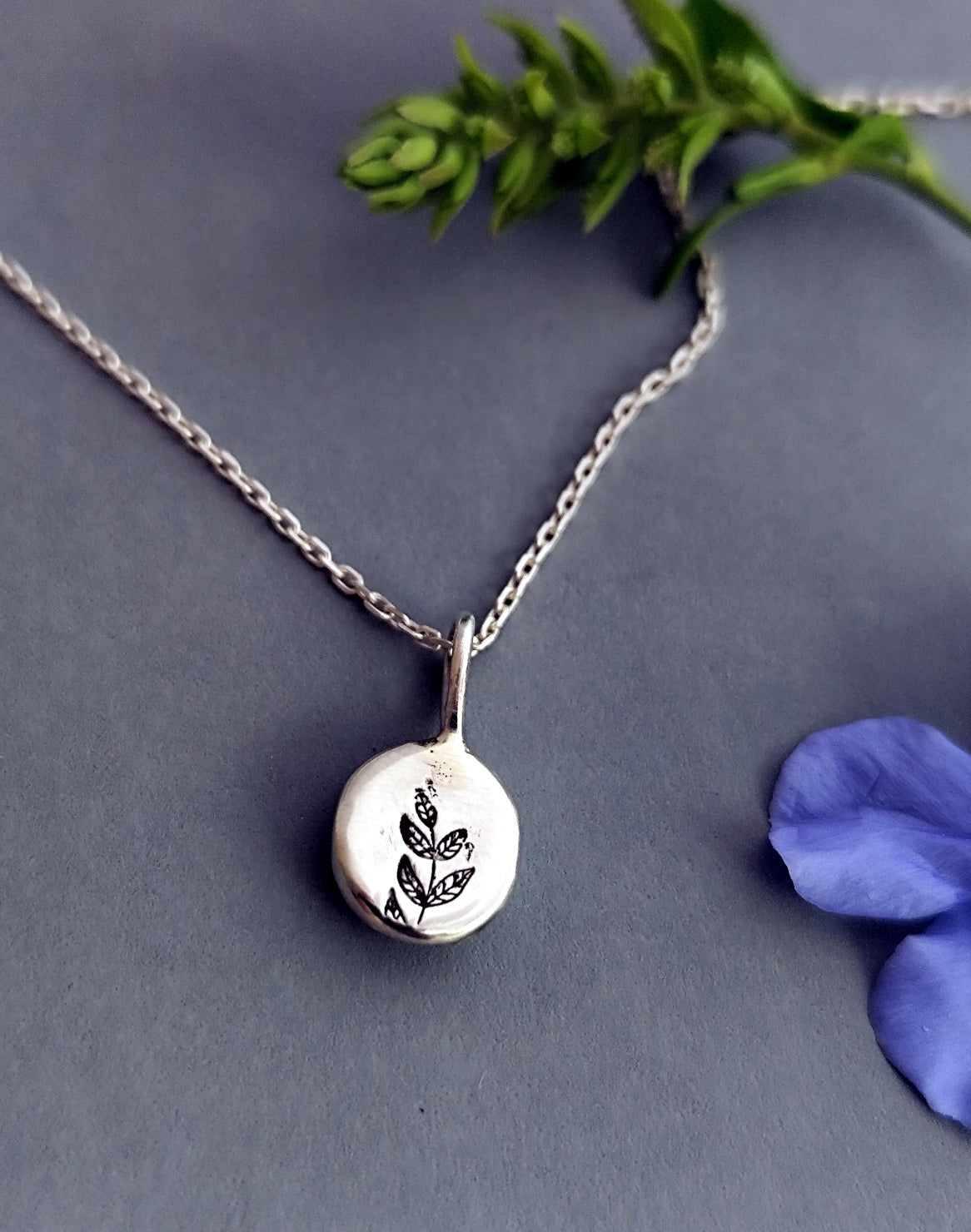 Dainty Organic Silver Drop Pendant with Leafy Detail