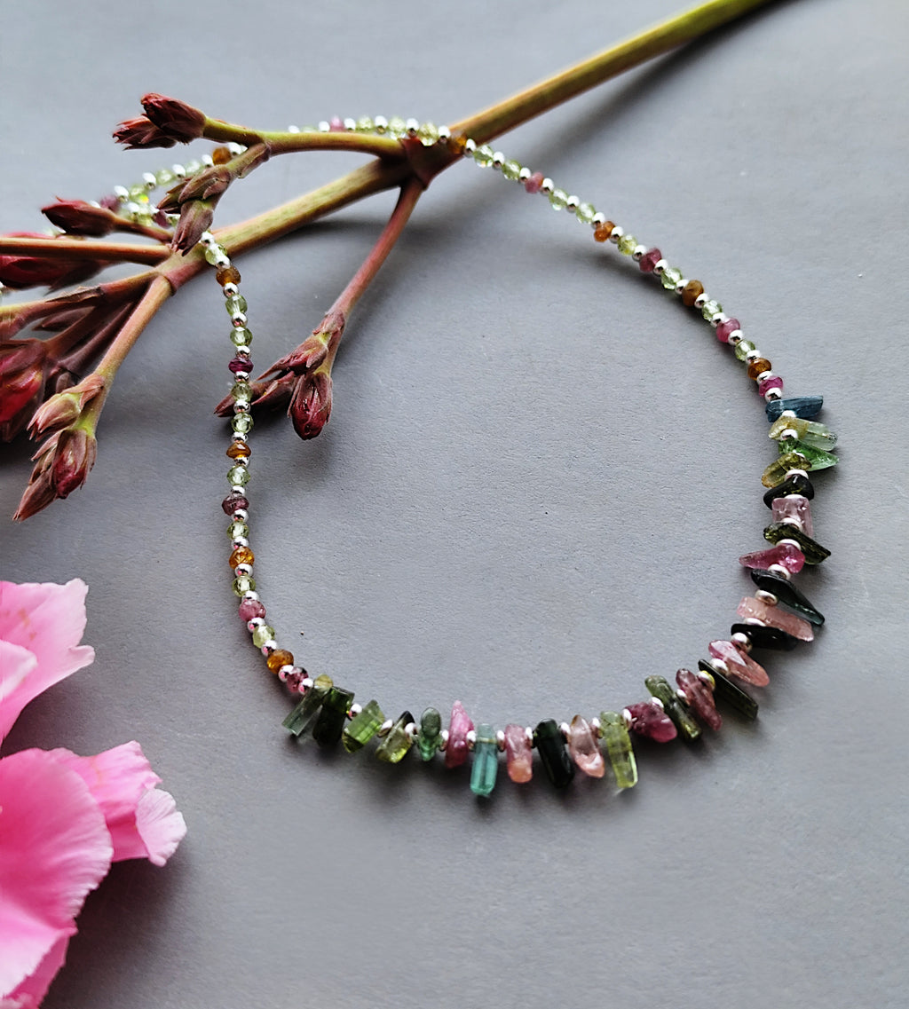 Dainty Raw Tourmaline & Peridot Choker in Silver
