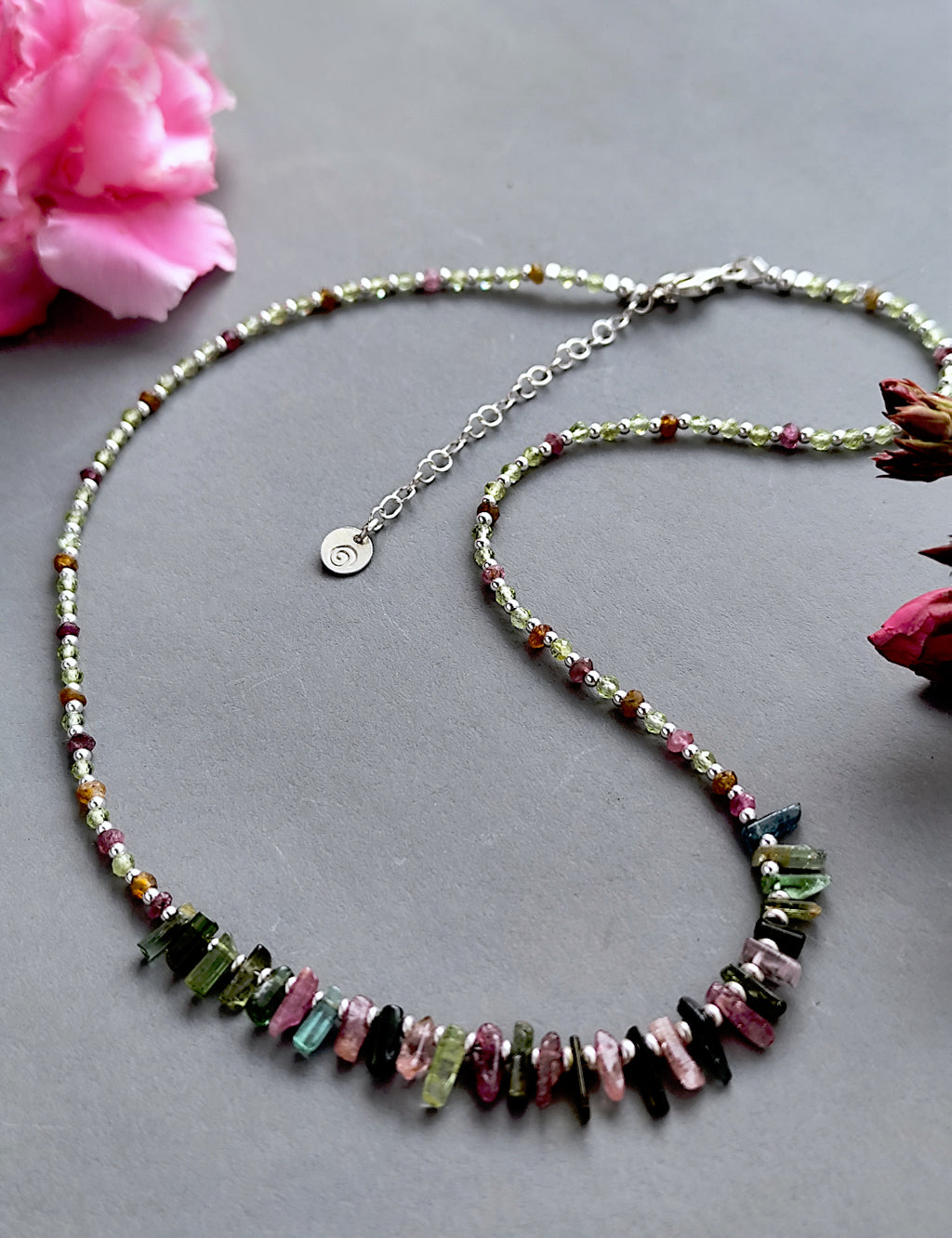 Dainty Raw Tourmaline & Peridot Choker in Silver