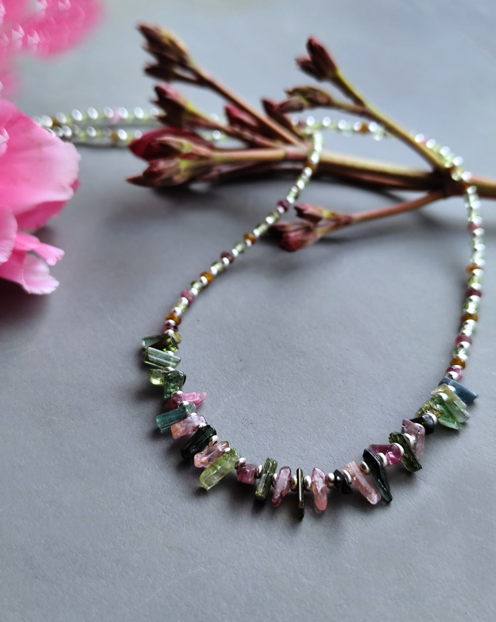 Dainty Raw Tourmaline & Peridot Choker in Silver