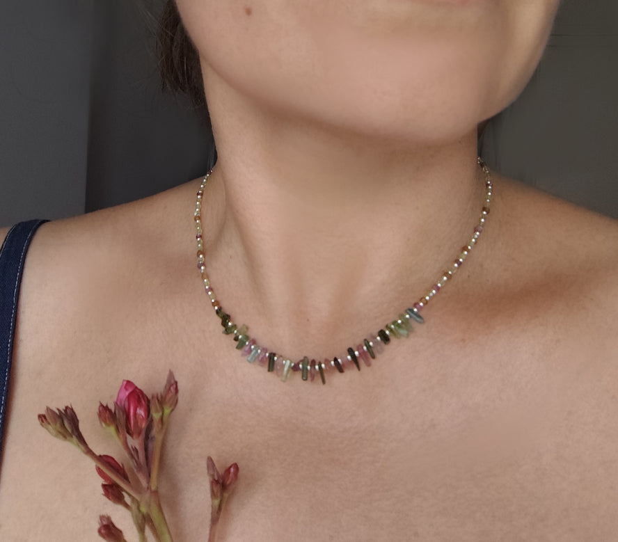 Dainty Raw Tourmaline & Peridot Choker in Silver