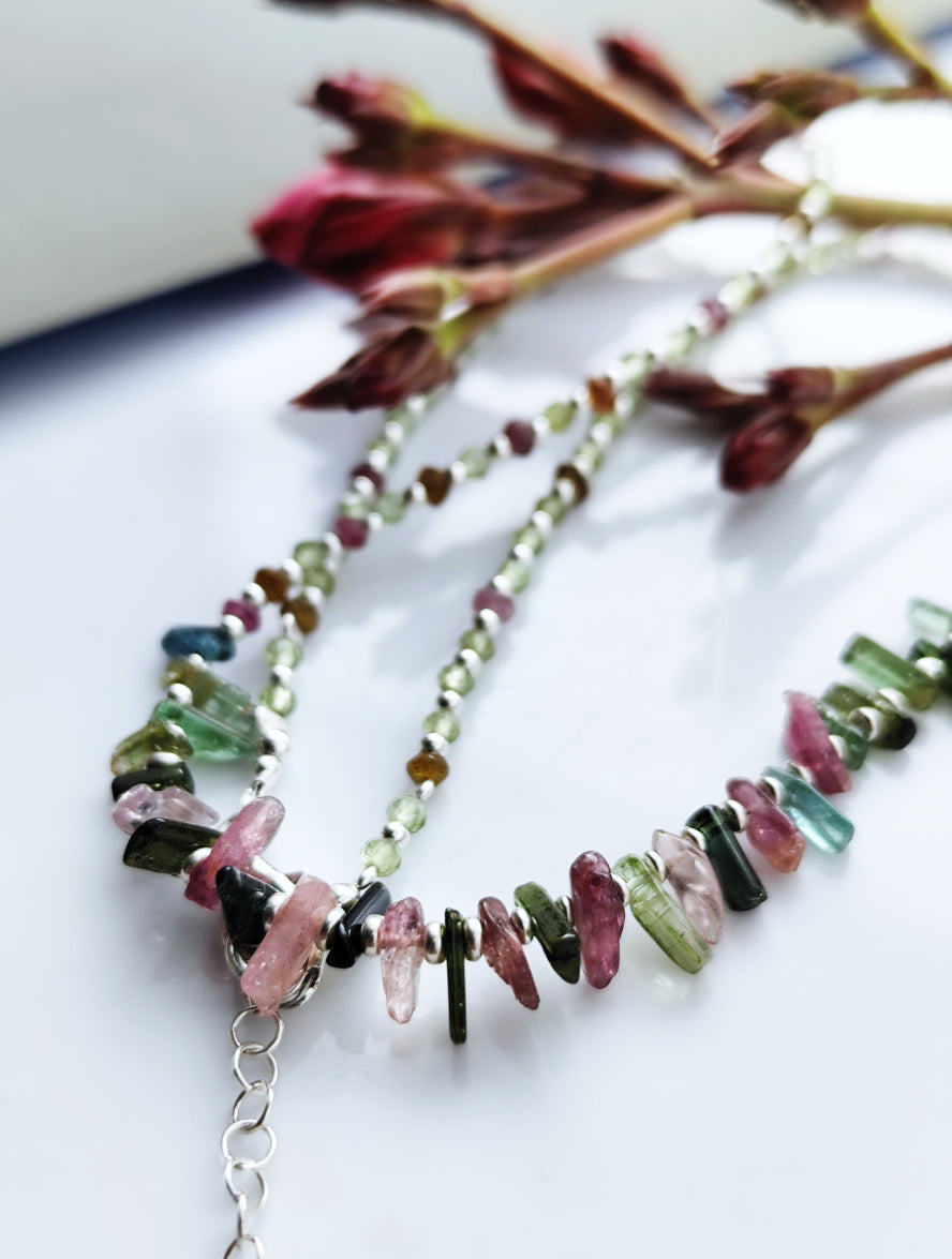Dainty Raw Tourmaline & Peridot Choker in Silver