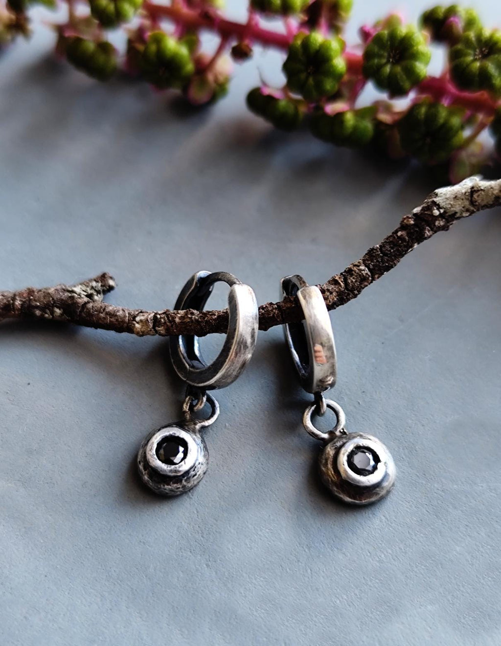 Small Rustic Hoop Earrings with Black Moissanite Charm