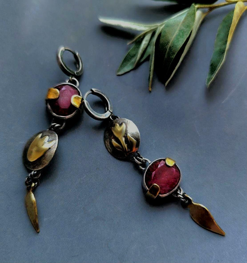 Statement Rustic Flower and Ruby Earrings in Oxidized Silver