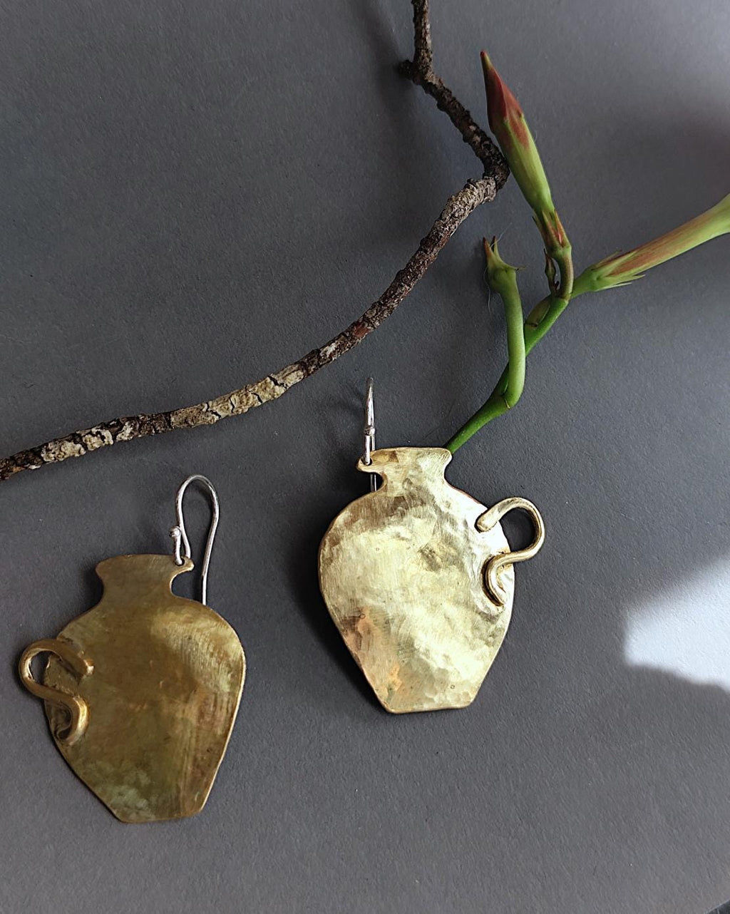 Ancient Vase Earrings in Golden Tone Hammered Brass