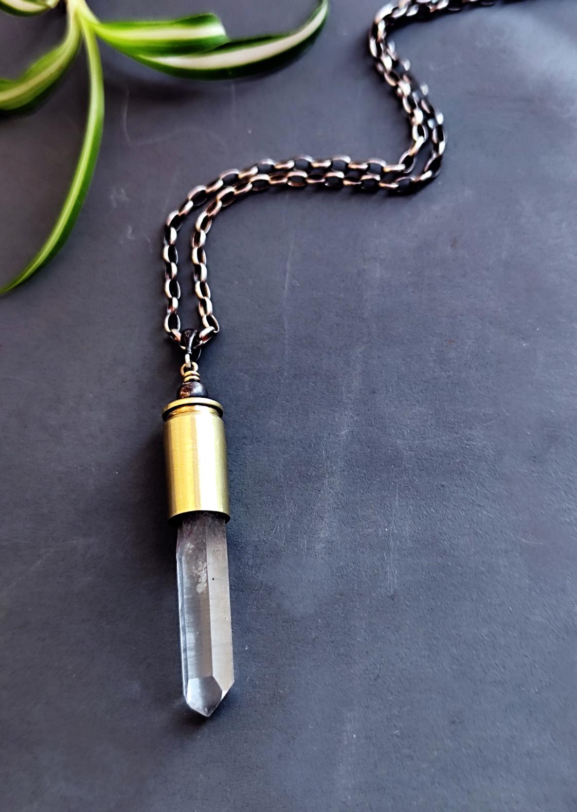 Natural Crystal Quartz Point Bullet Casing Pendant Necklace with Sturdy Silver Chain