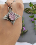 Carved Rose Quartz Statement Necklace in Textured Silver, Light Pink Gemstone Necklace, Silver Manta Necklace Genuine