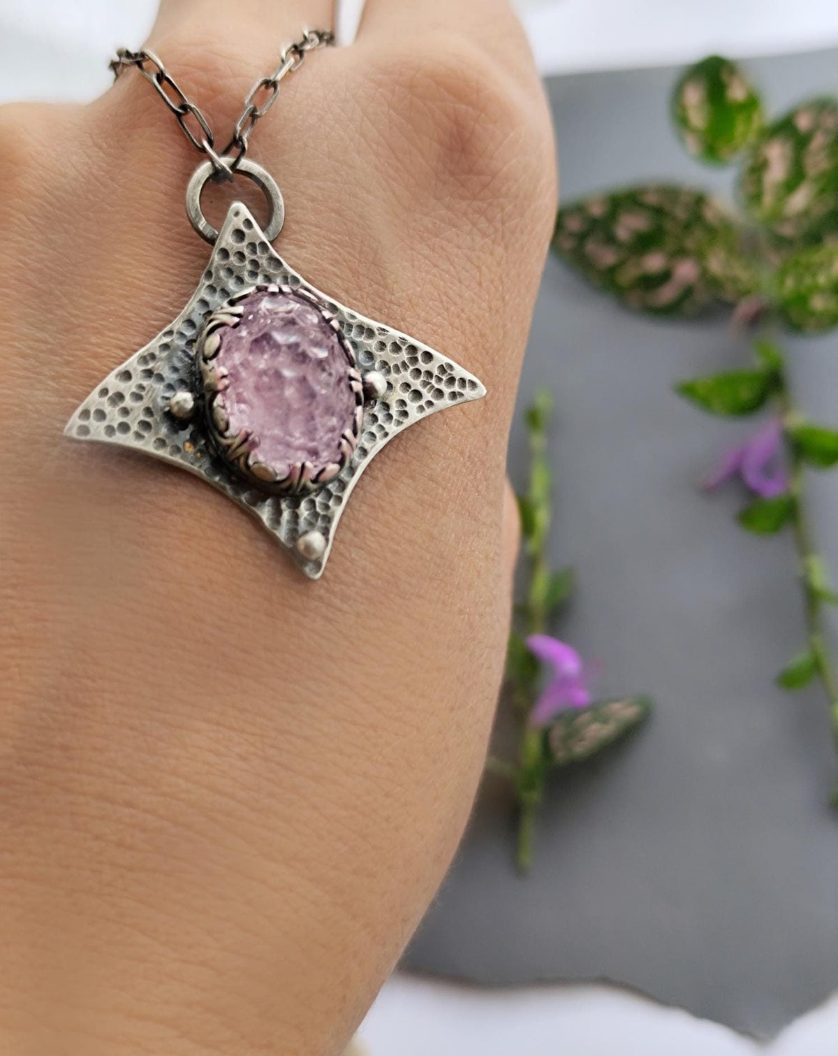 Carved Rose Quartz Statement Necklace in Textured Silver, Light Pink Gemstone Necklace, Silver Manta Necklace Genuine