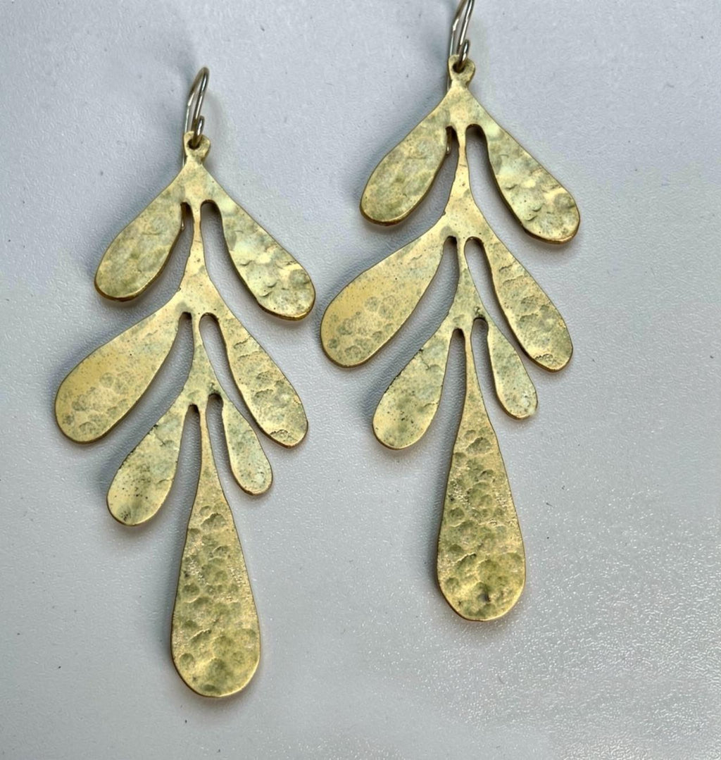 Long Brass Leaf Earrings, Textured Finish Brass Earrings, Brass Dangle Earrings with Sterling Hook/Post, Gold Floral Brass Earrings