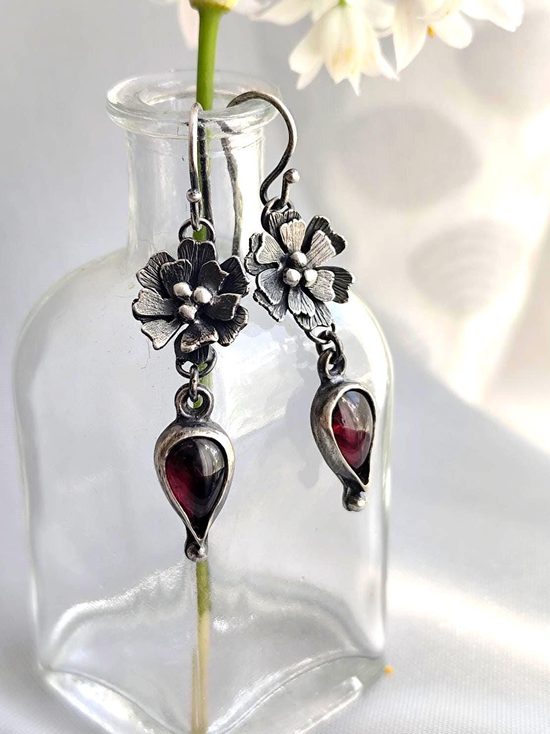 Floral Garnet Drop Earrings in Antiqued Sterling Silver