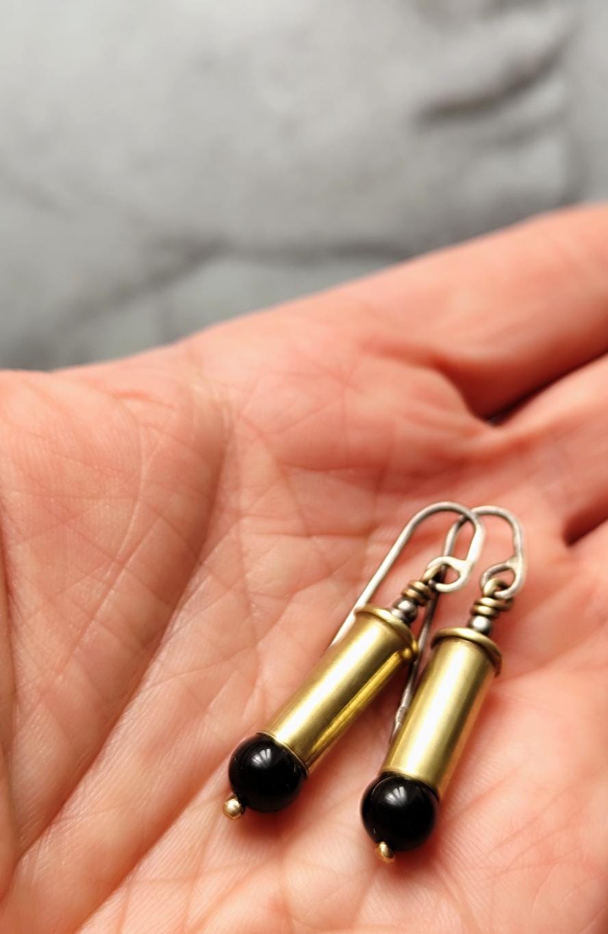 Minimal Black Onyx Earrings Bullet Casing Style