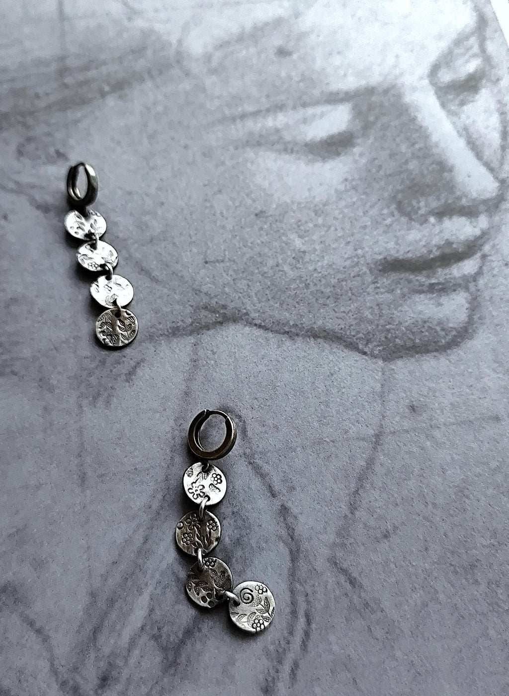 Textured Floral Detail Hoop Earrings with Stamped Coins