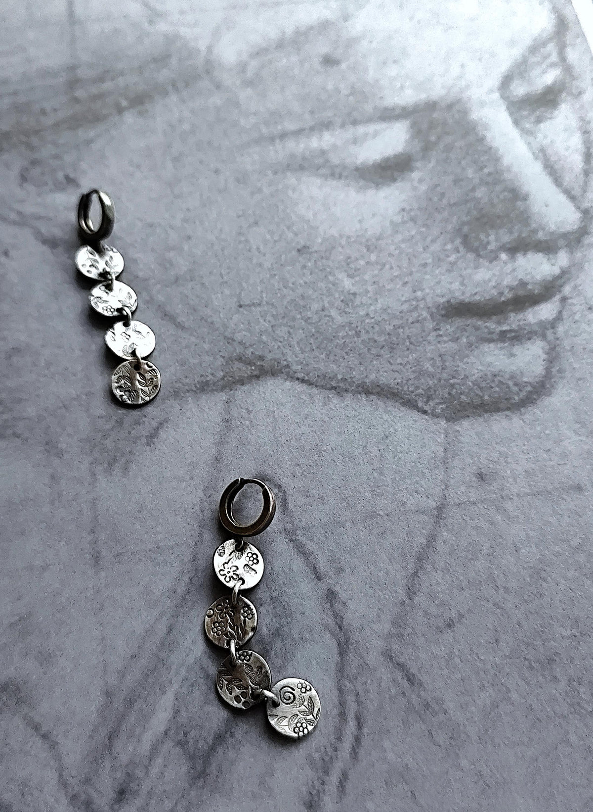 Textured Floral Detail Hoop Earrings with Stamped Coins