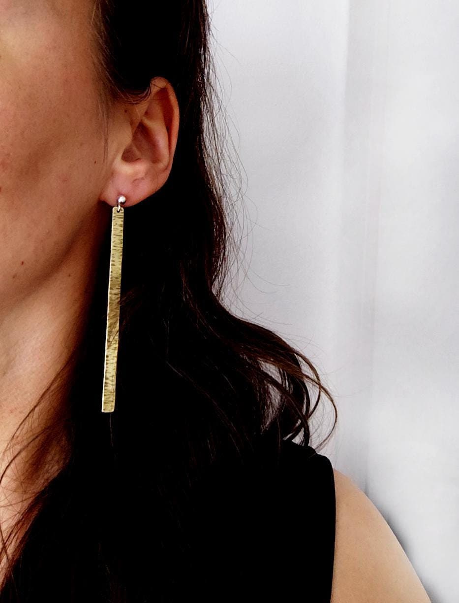 Textured Brass Stick Earrings Golden Brass