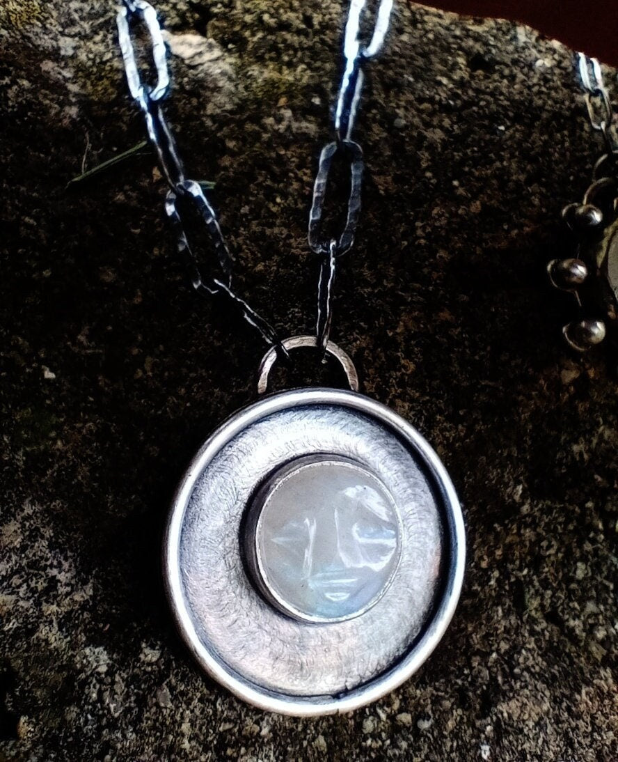Silver Pendant with Moonstone Face and Handcrafted Chain