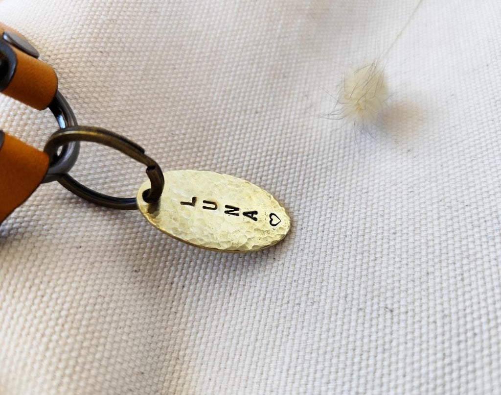 Hammered Texture Brass Oval ID Tag - Personalized Pet Tag / Key-ring Detail