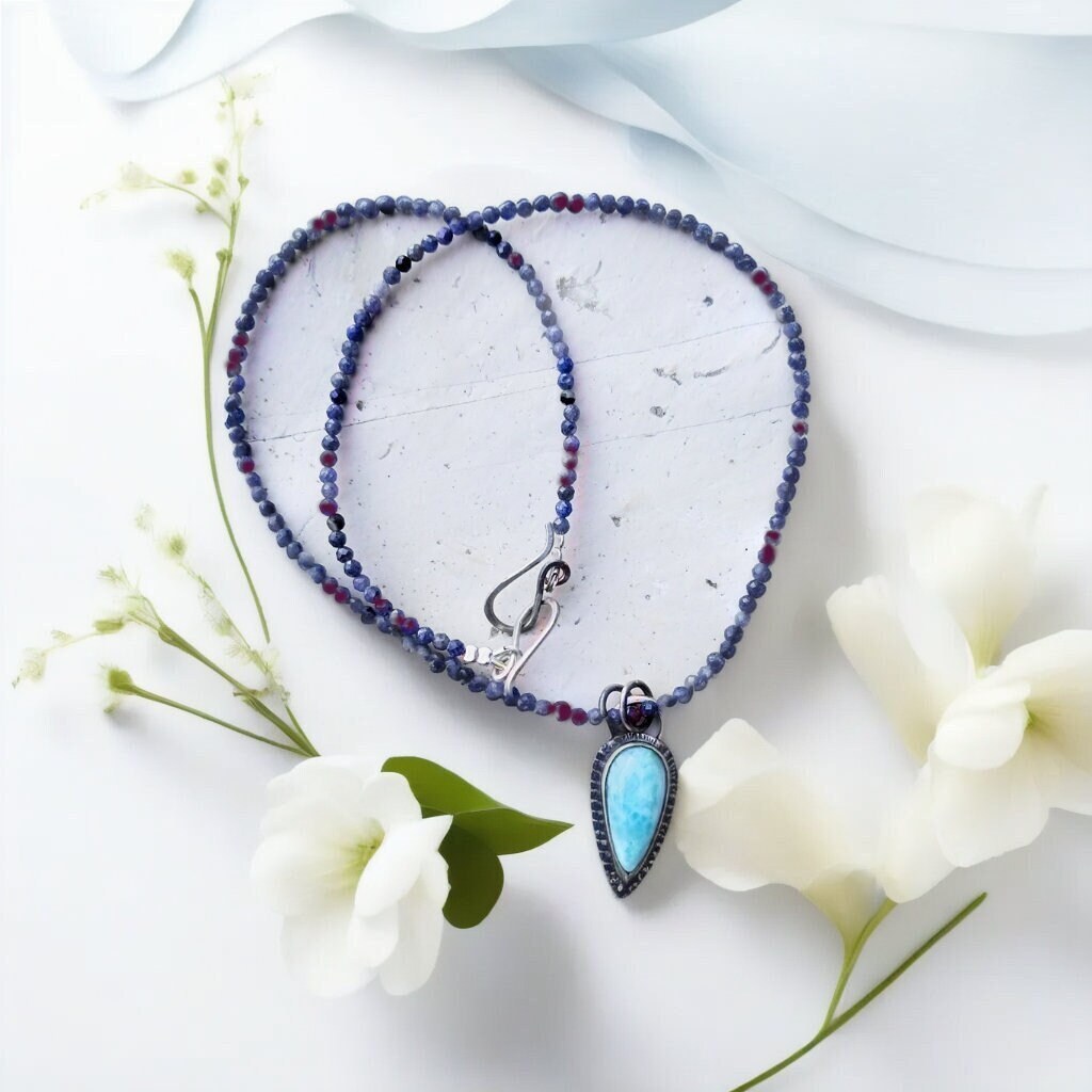 Larimar Necklace with Sapphire & Ruby Choker Choker & Gemstone Drop Charm