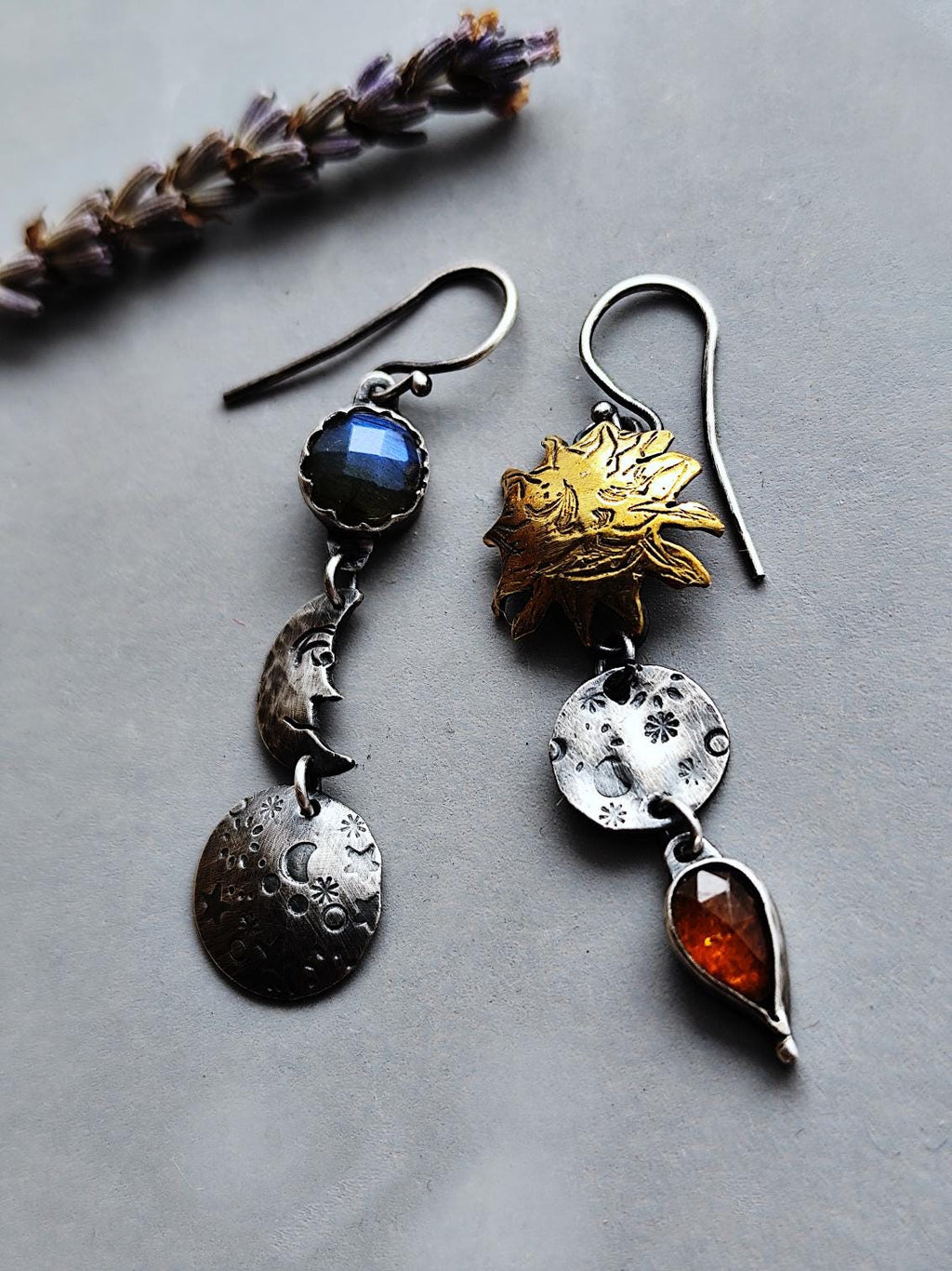 Moon and Sun Earrings with Orange Kyanite and Flashy Blue Labradorite