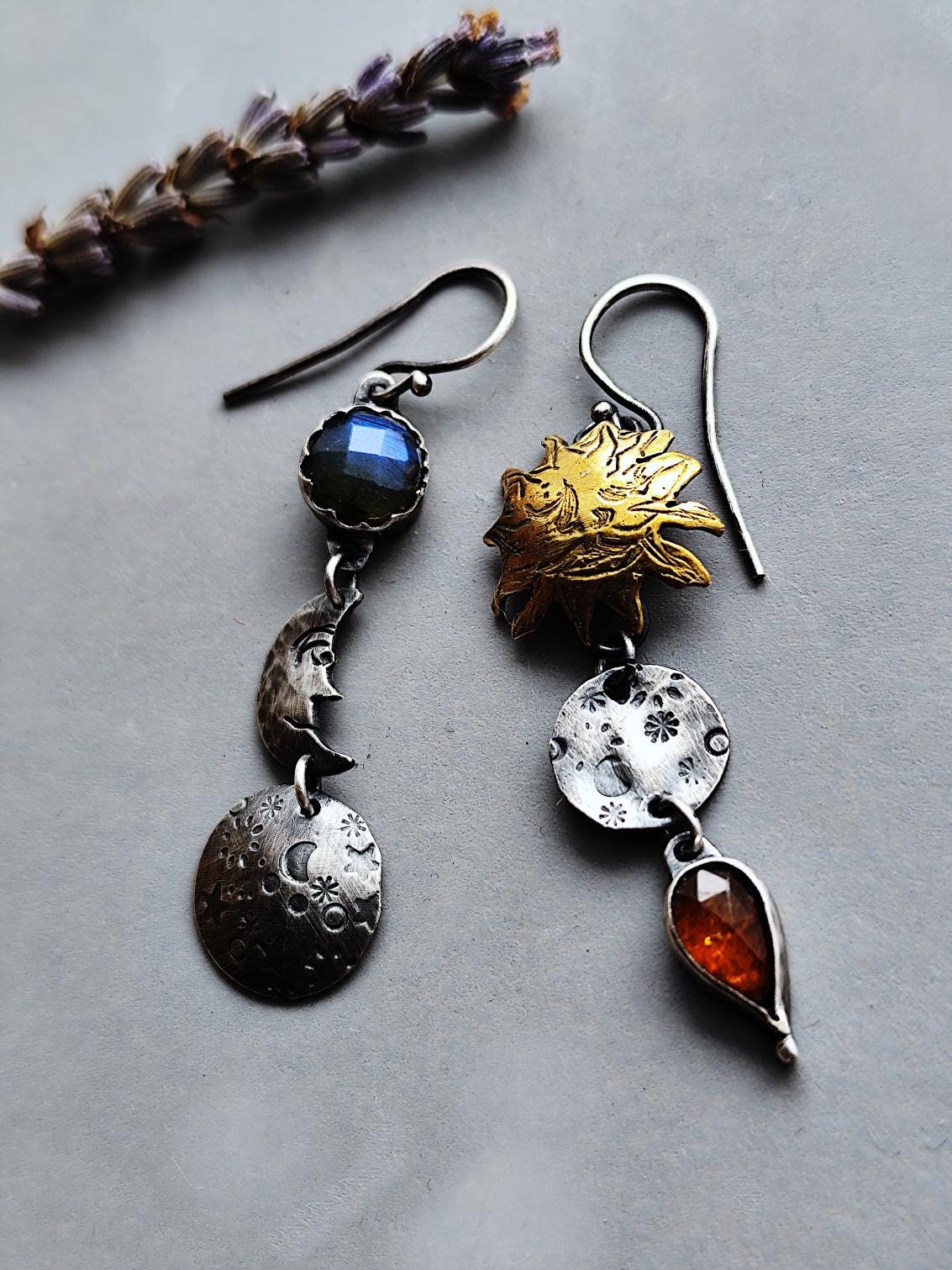 Moon and Sun Earrings with Orange Kyanite and Flashy Blue Labradorite