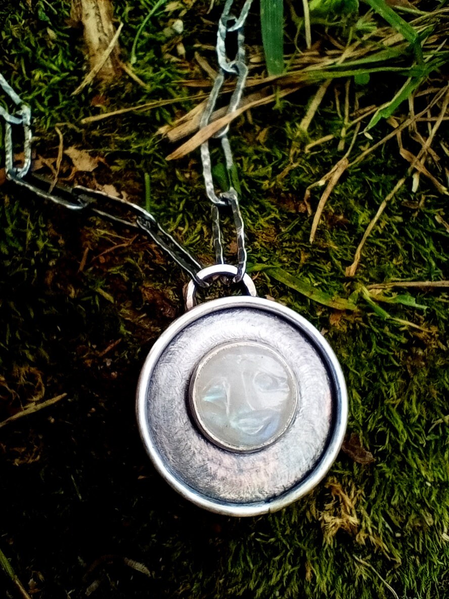 Silver Pendant with Moonstone Face and Handcrafted Chain