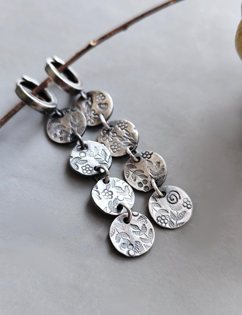 Textured Floral Detail Hoop Earrings with Stamped Coins
