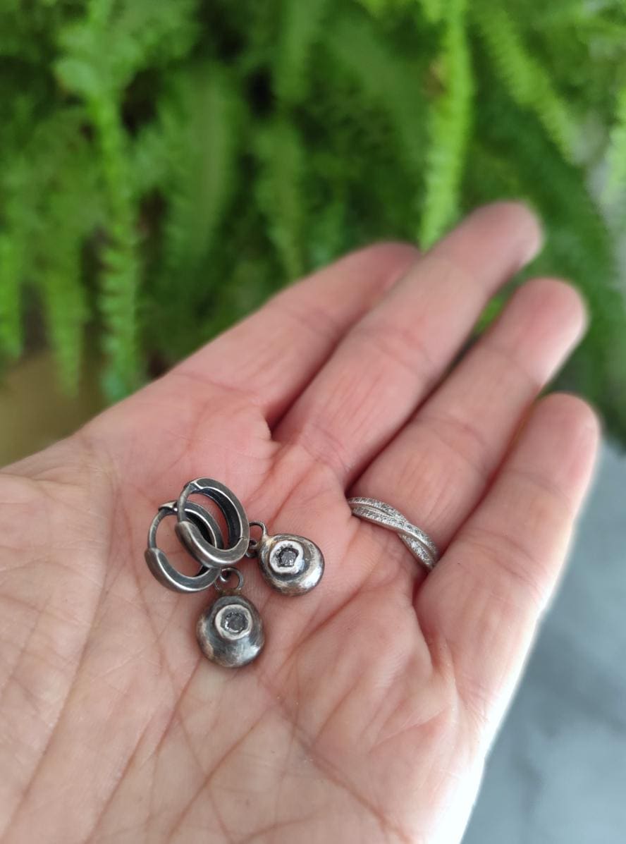 Small Rustic Hoop Earrings with Melted Silver Charm with Clear Zircon