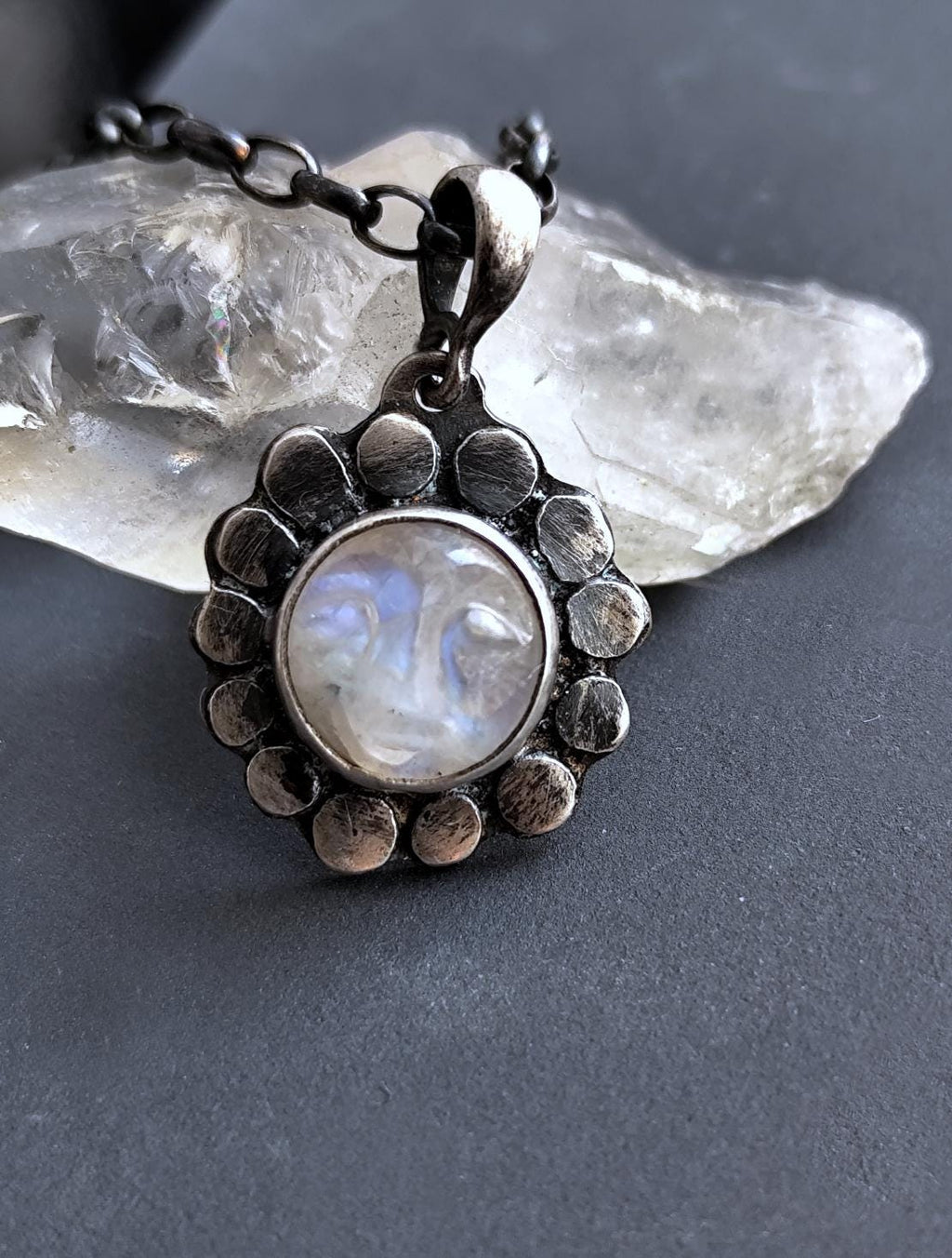 Unique Pendant with Carved Moonstone Face - Silver Moon Amulet