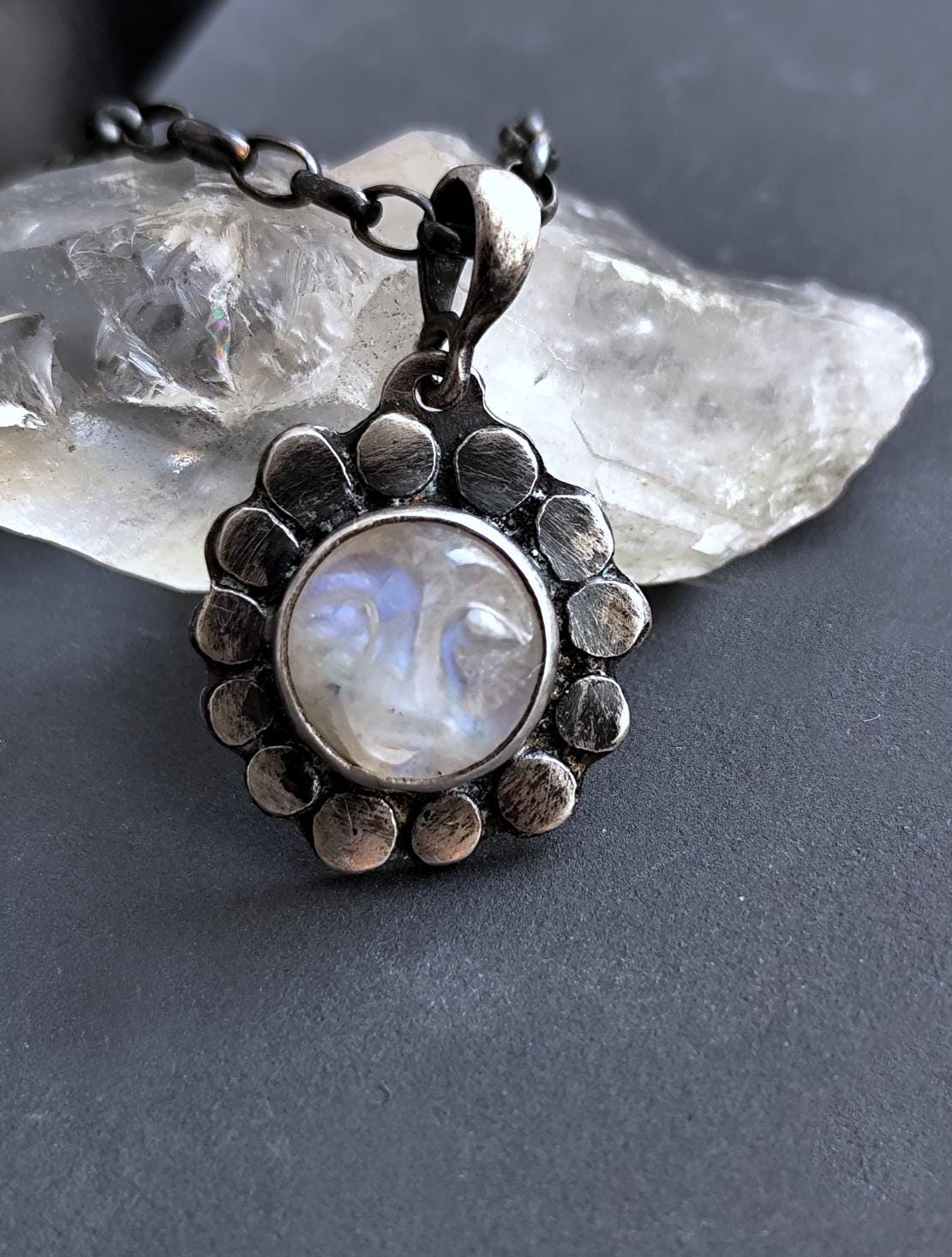 Unique Pendant with Carved Moonstone Face - Silver Moon Amulet
