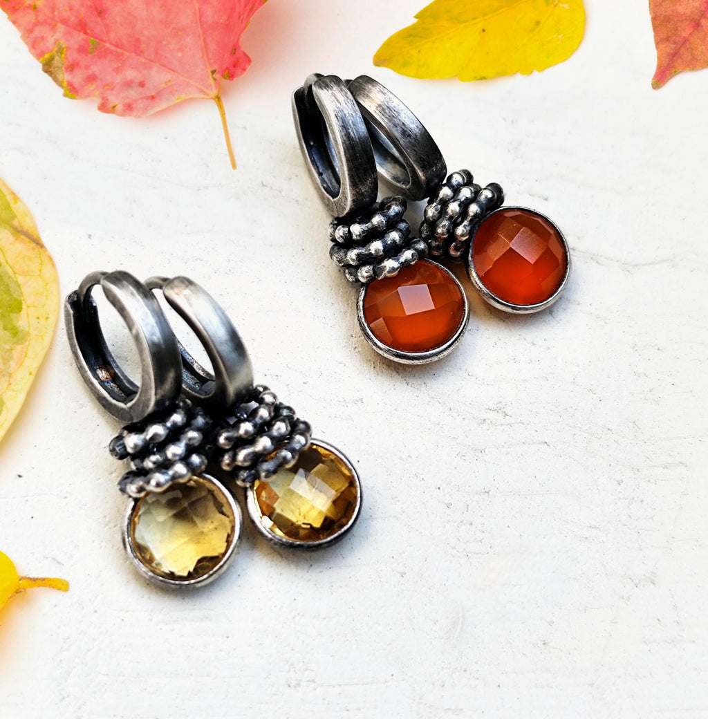 Citrine Hoop Earrings Silver, Small Yellow Charm Earrings