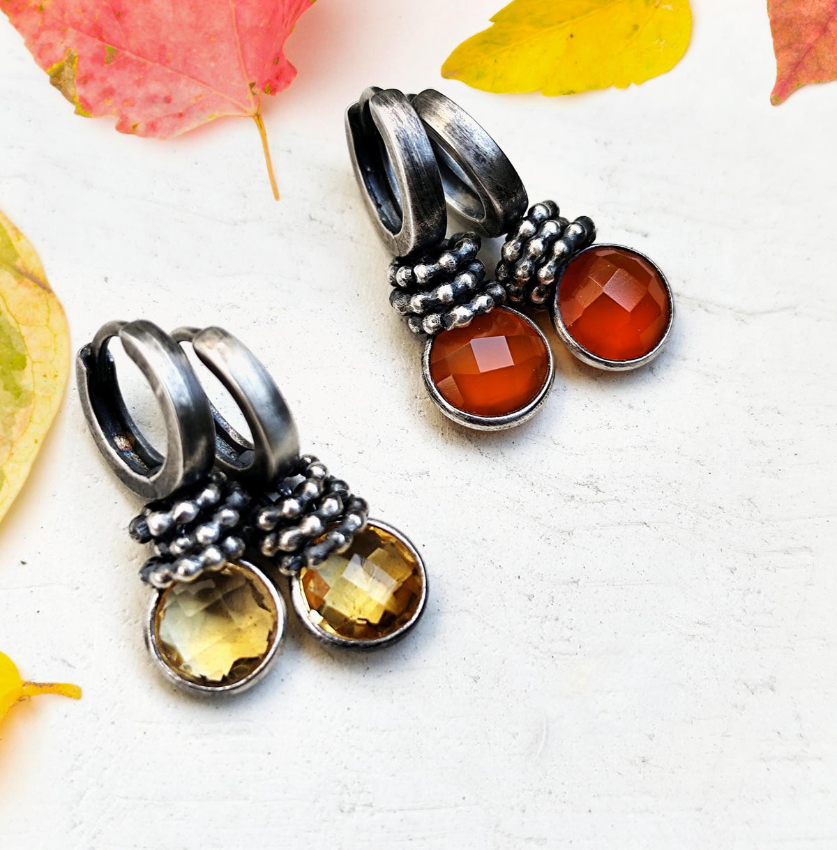 Citrine Hoop Earrings Silver, Small Yellow Charm Earrings