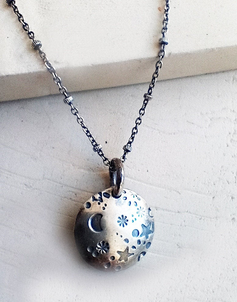 Starry Night Pendant with Crystal Quartz in Sterling Silver - Double Sided 2 Pieces Pendant with Dainty Chain Necklace