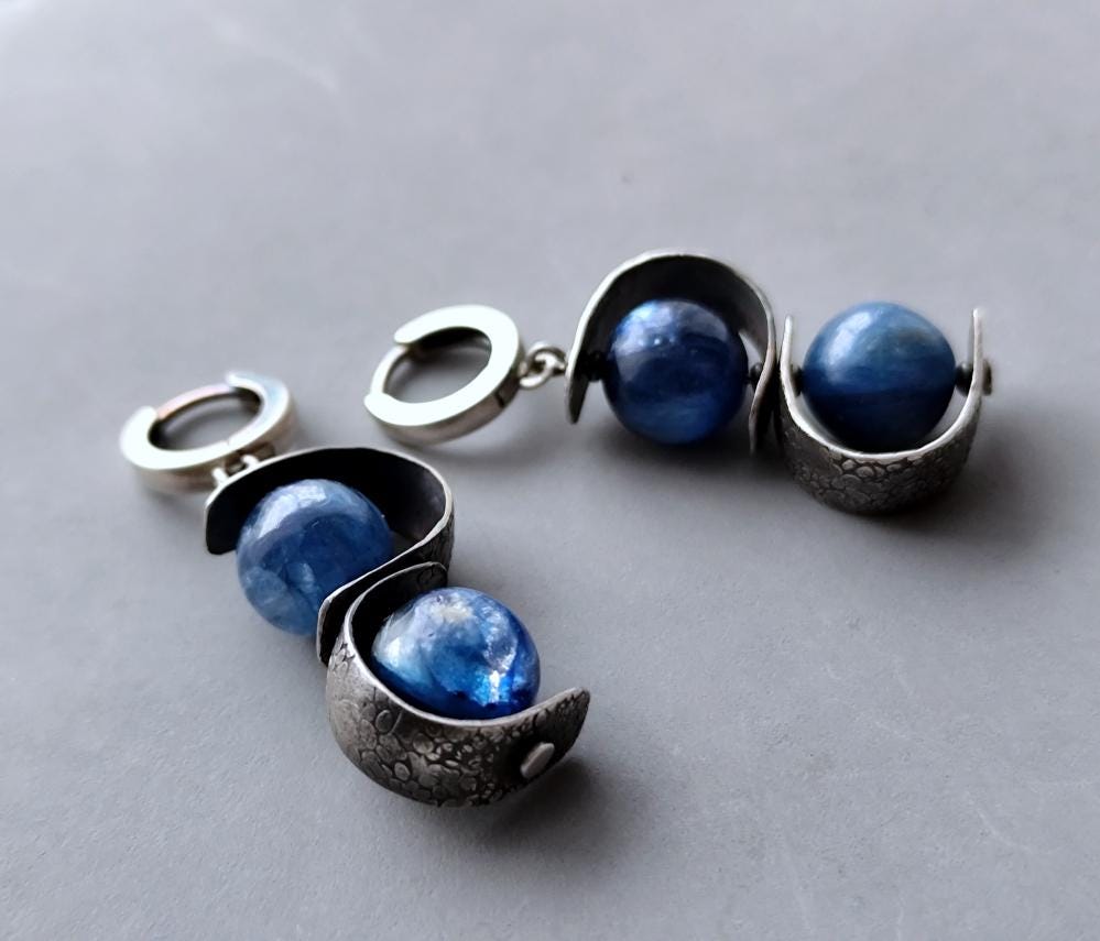 Rustic Texture Blue Kyanite Hoop Earrings with Orbital Geometrical Detail - OOAK Modern Silver Earrings Genuine Denim Blue Gemstone .925