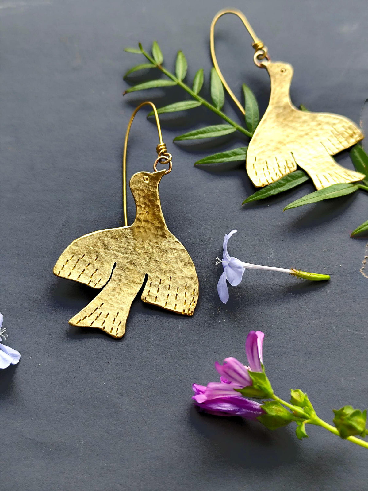 Rustic Bird Earrings in Pure Brass / Copper / Silver with Hammered Texture