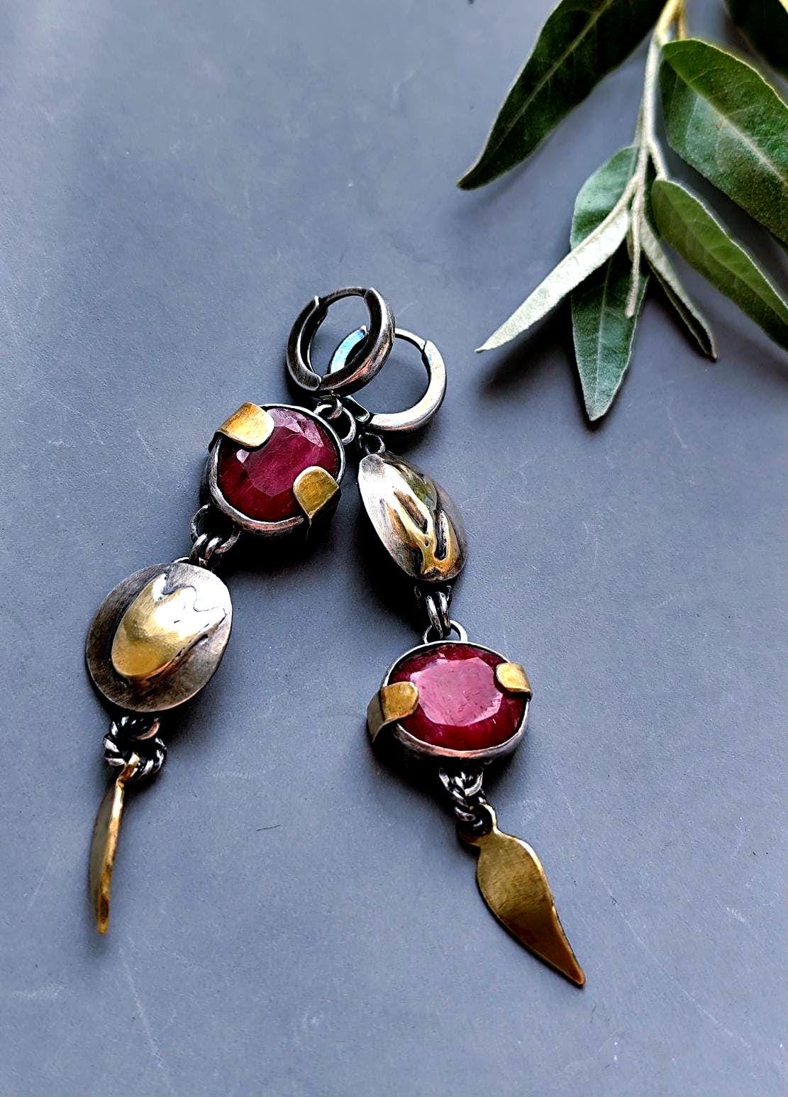 Statement Rustic Flower and Ruby Earrings in Oxidized Silver