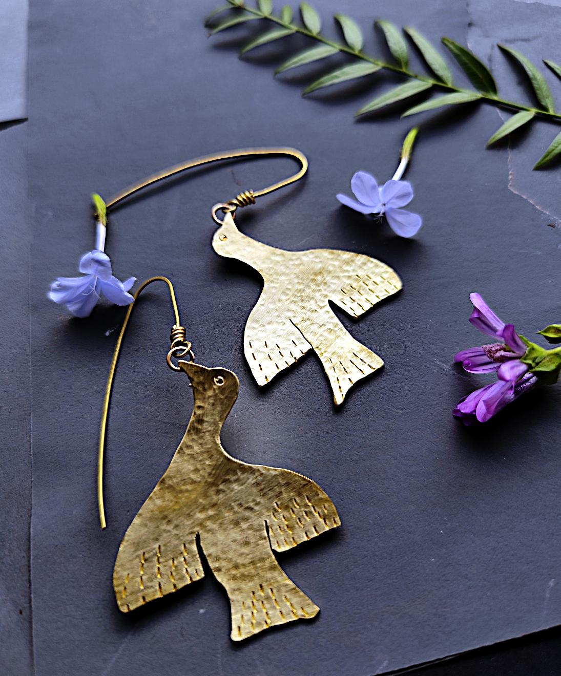 Rustic Bird Earrings in Pure Brass / Copper / Silver with Hammered Texture